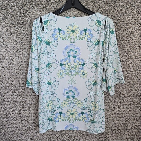 JM Collection Top Womens Small Teal Floral Print Blouse Cold Shoulder Ladies - Picture 7 of 7